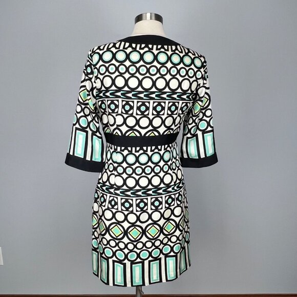 Milly New York Womens Silk Geometric Print Dress Ivory Black Aqua Blue size 10 - Picture 7 of 12